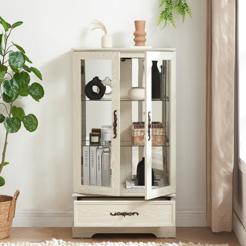 Armoire illuminée avec tiroir et tablettes - Poignée en verre élégante blanche réglable en bois, Blanc