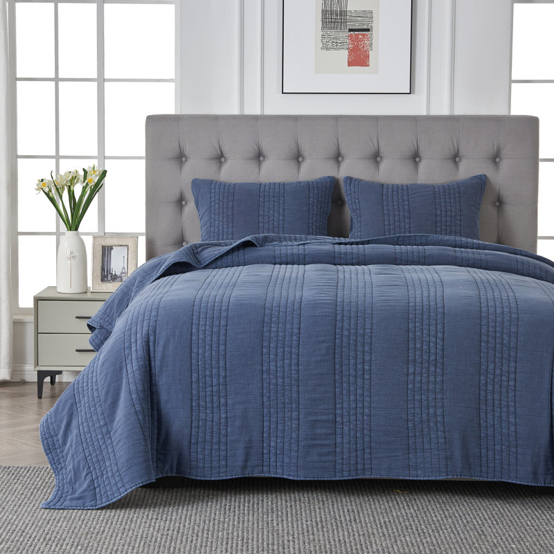 Kosovo Grimshaw 100% Cotton Quilt Set, Queen Quilt + 2 Standard Shams, Navy