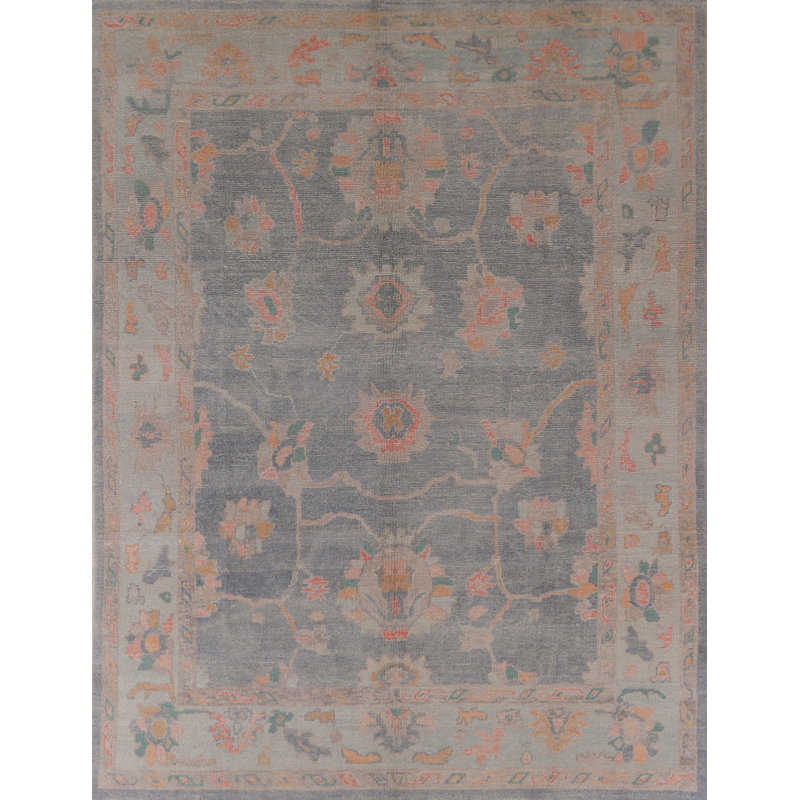 Tapis bleu à motif floral Oushak 8 x 9