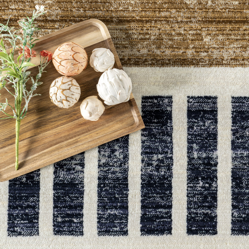 Keeva Modern Striped Fringe Area Rug, Round 6' 4", Beige/Brown