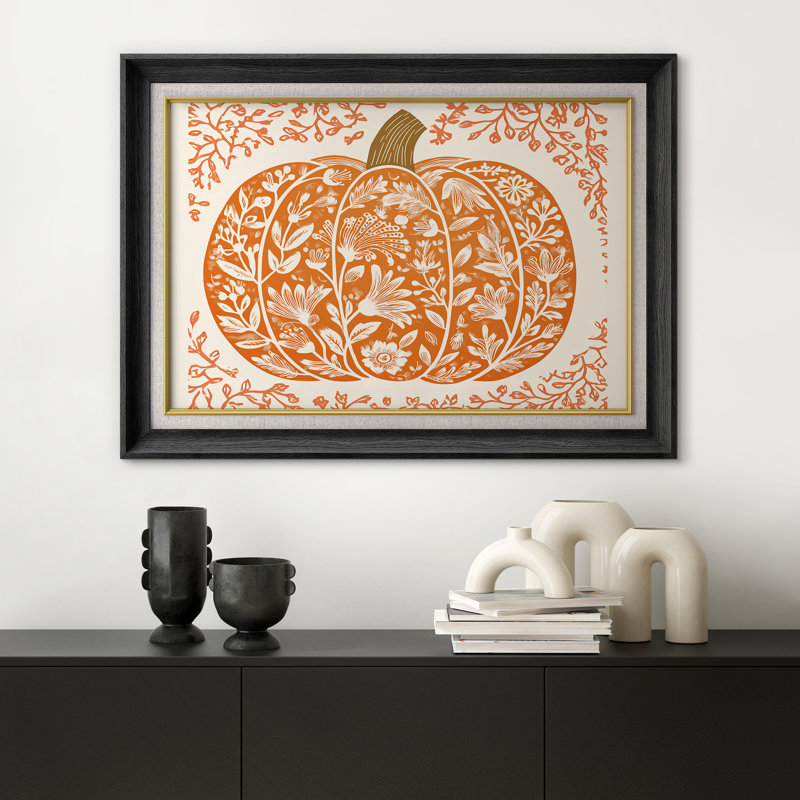 Art floral d'automne orange citrouille - impression sur papier encadrée, H 26 po x l 36 po x P 1,5 po