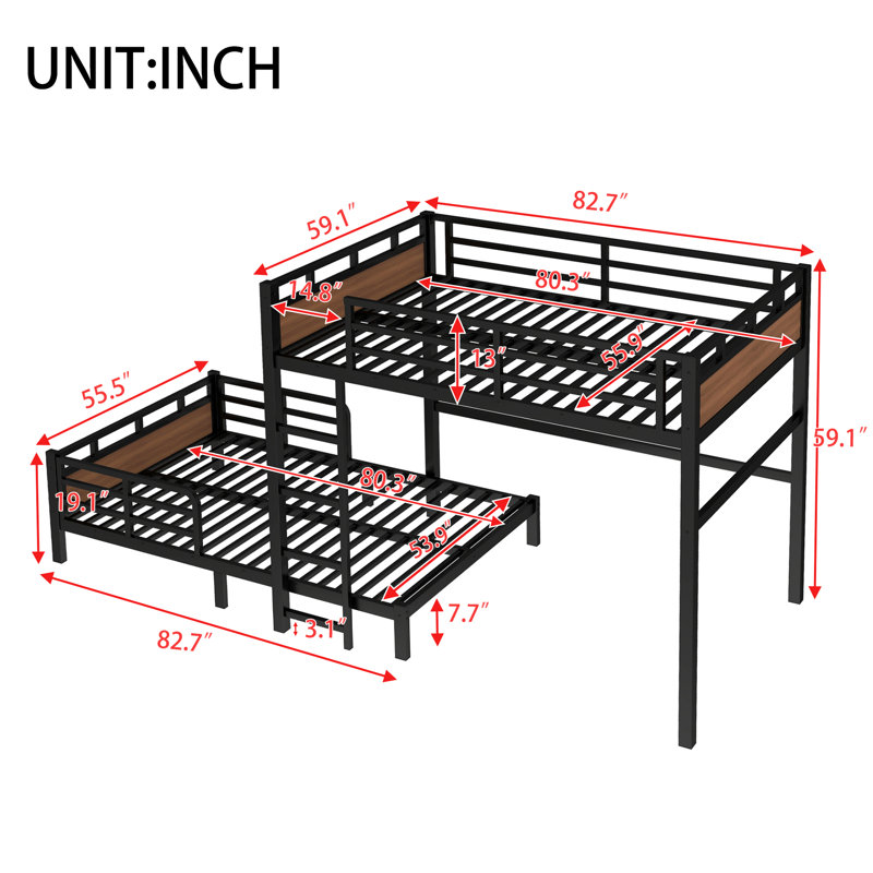 Full XL Over Full XL Metal Bunk Bed with Raised Guardrail — Metal Loft & Platform Bed, Walnut Finish, Full XL, Walnut