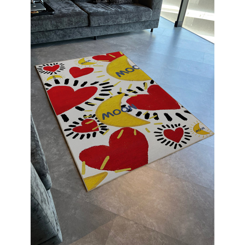 Tapis décoratif multicolore «Moon» à motif de cœur rouge et de croissant de lune, Rectangle 4 pi 11,06 po x 7 pi 6,55 po