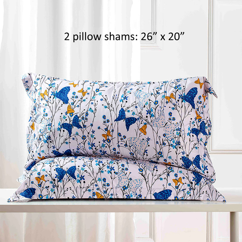 Ensemble de housse de couette réversible en microfibre bleue, Housse de couette grand et 2 taies décoratives, Fleurs colorées