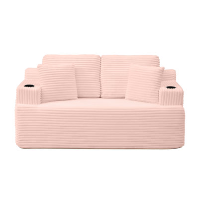 Canapé de 66,5 po sans canapé avec 2 coussins supplémentaires, tissu en velours côtelé 2 places avec porte-gobelet et pochettes latérales, installation facile (rose, 2 places)