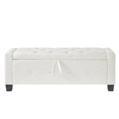 48" Ottoman Bench With Storage, Bench For Bedroom,Living Room,Hallway, Upholstered Tufted Faux Leather PU Ottoman Ivory White
