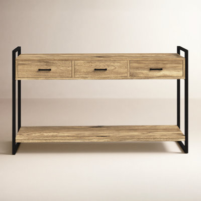 Riverside 54"W Solid Mango Wood and Metal Modern Industrial Storage Console Table with 3 Drawers and Open Shelf