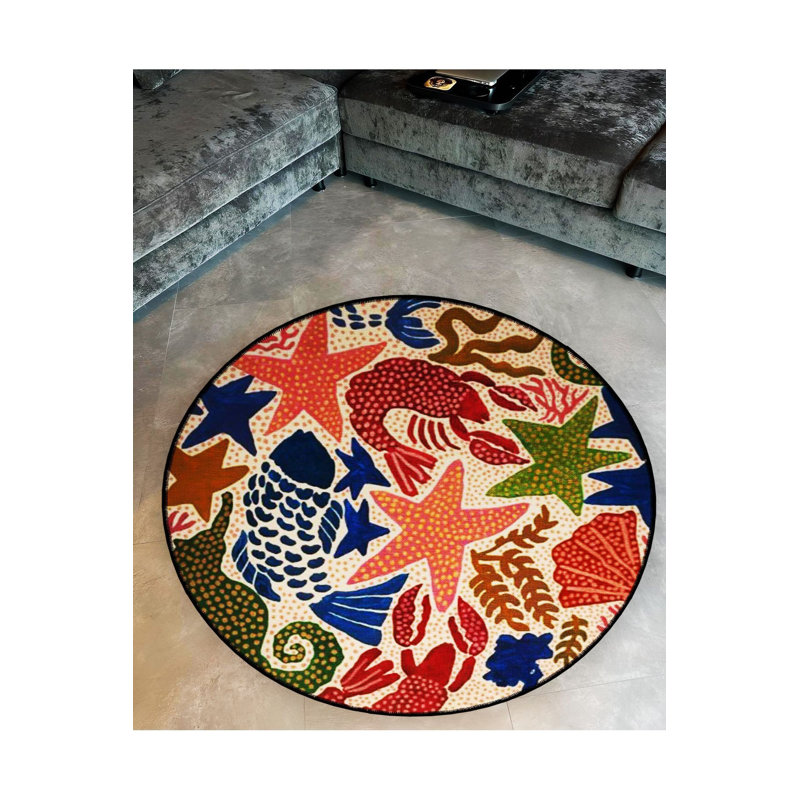 Tapis rond rond multicolore à motif tissé à motif d'étoile de mer et de poisson lavable à la machine