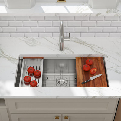 33" L x 19" W Undermount Stainless Steel Single Bowl Workstation Kitchen Sink with Complete Accessory Kit