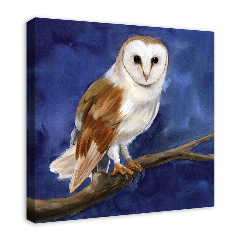 Chouette sur fond bleu - Peinture sur toile, H 24 po x l 24 po x P 1,25 po, Toile tendue