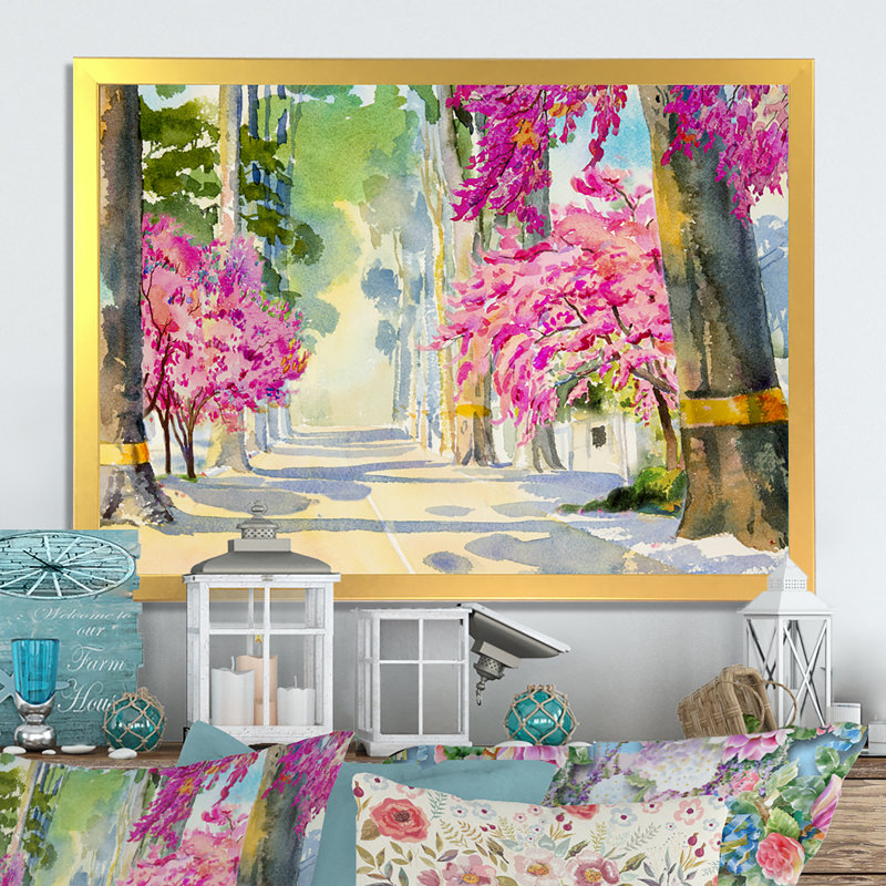«Path To The Enchanted Pink Forest III», reproduction sur toile flottante, Cadre doré, H 30 po x l 40 po x P 1,5 po