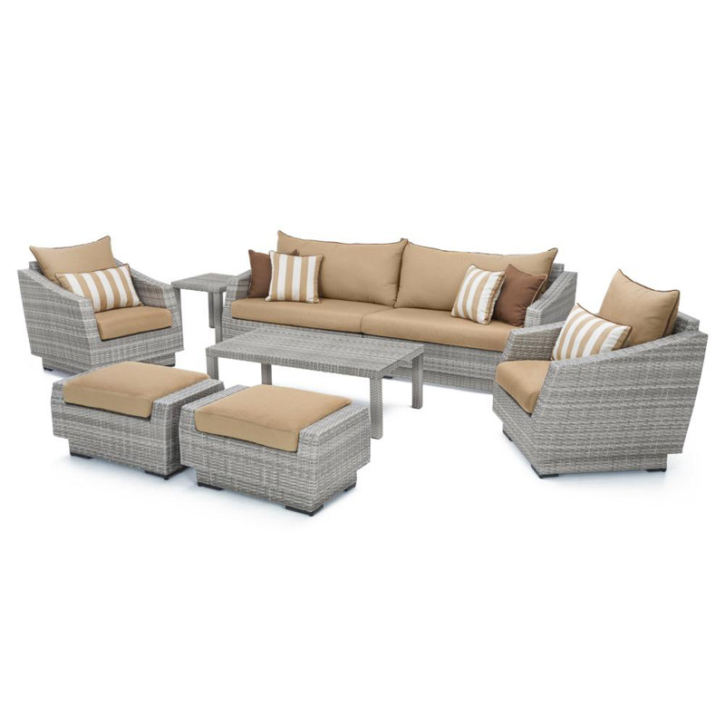 Ensemble de conversation avec canapé en rotin et coussins Sunbrella de 7 pièces Fionnula, Sunbrella beige Maxim