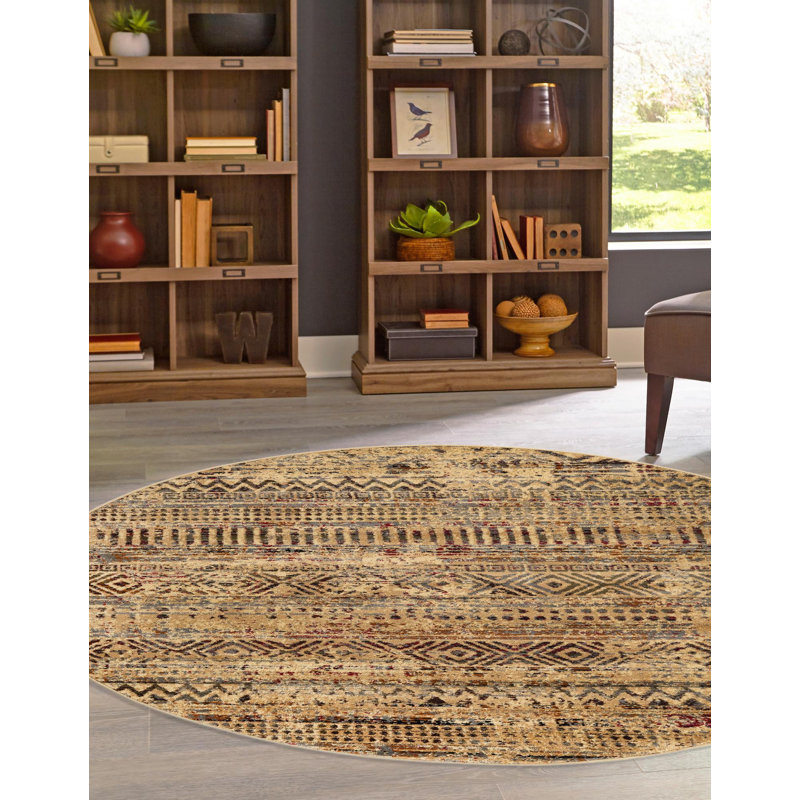 Tissu en polypropylène beige et noir Blakely, Rond 5 pi 3 po