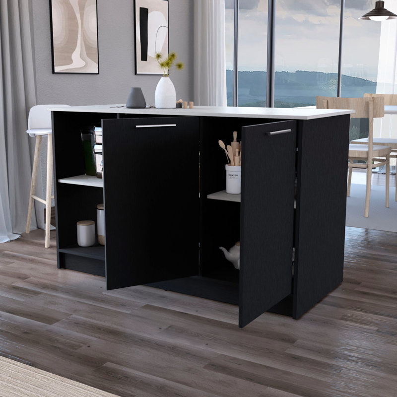 Îlot de cuisine en bois avec comptoir noir et couleur, grande capacité de rangement