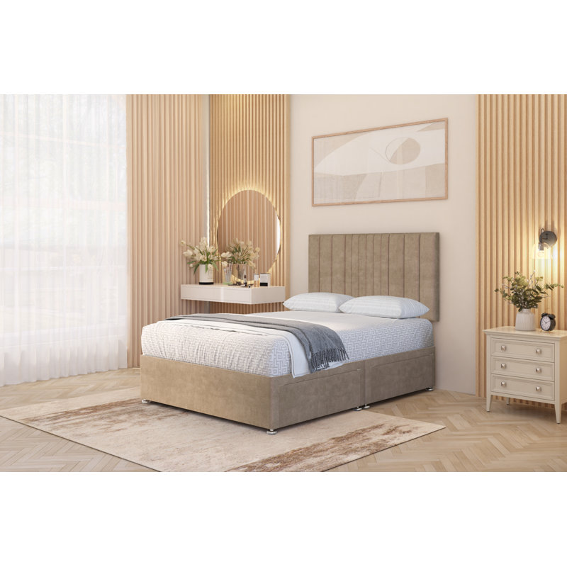 Alyssa Velvet Divan Bed Set Sprung Memory Foam Mattress & Headboard with Drawers, Beige, Single (3'), 2 Draw