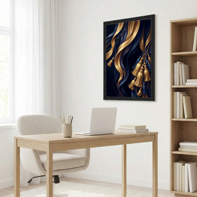 Art mural sur toile noir encadré pour le salon, la chambre à coucher, le bureau ou le vestibule - décoration murale décorative avec pampilles dorées