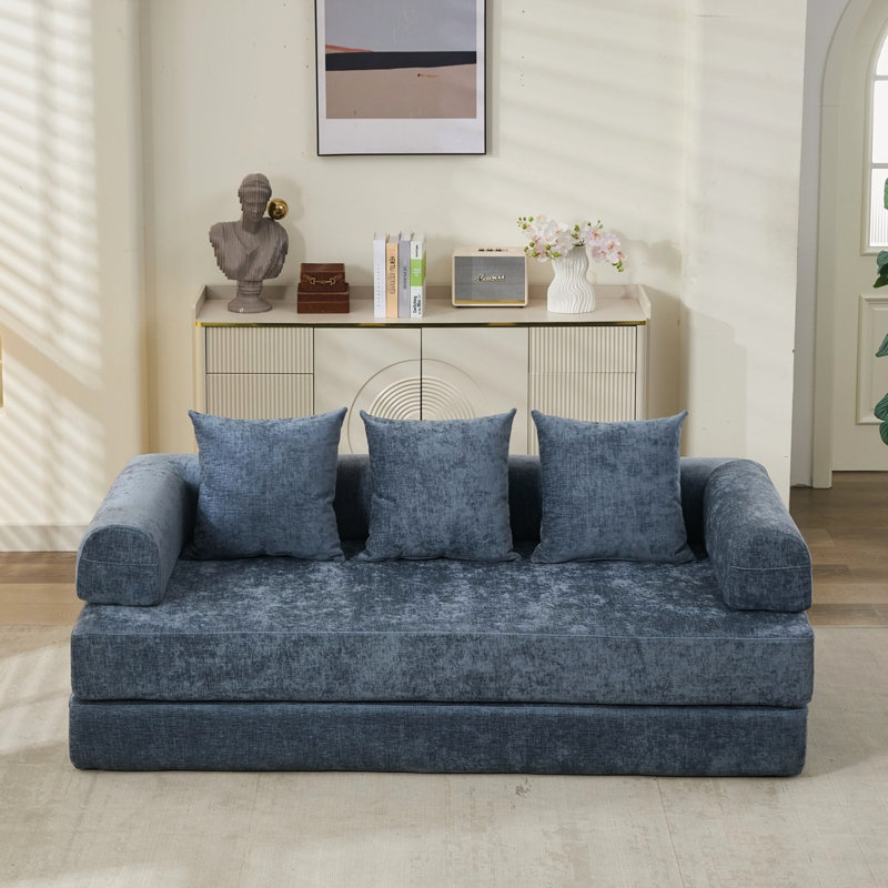 Lit convertible pliant en bleu, polyvalent pour se prélasser et dormir, tissu chenille doux, espace de rangement, rembourrage rapide après avoir déballé le matelas pour dormir, rembourrage, oreillers inclus