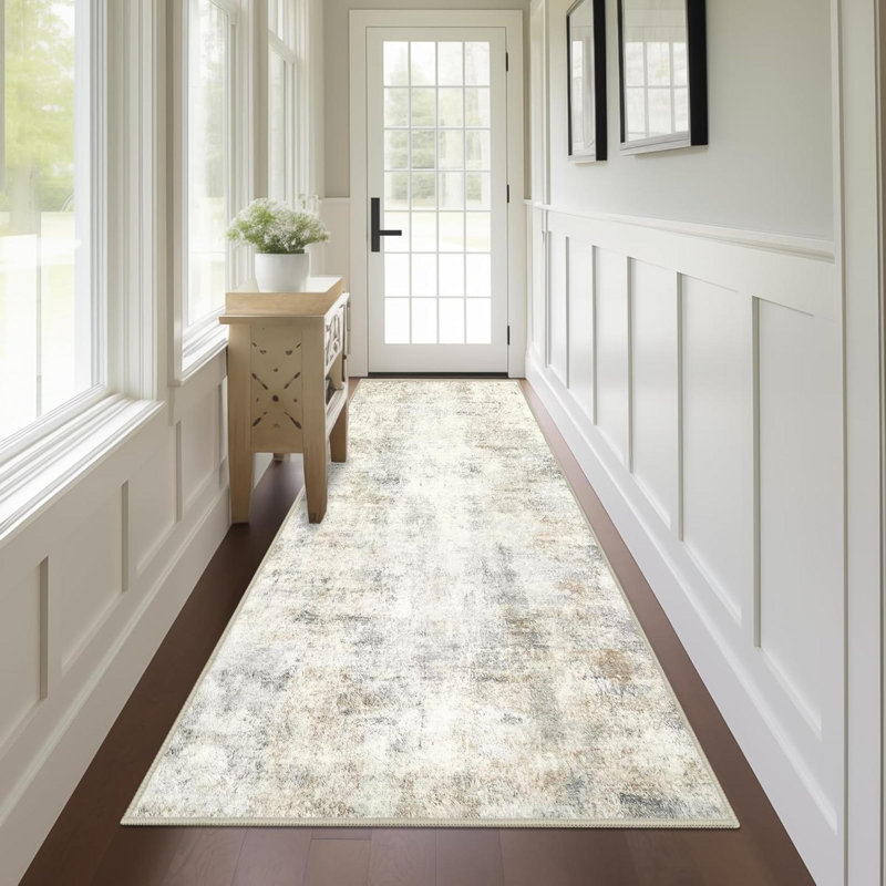 Modern Abstract Washable Runner Rug, Light  Non Slip Runners For Hallways, Low Pile Kitchen Runner Rug, Ultra Soft Print Distressed Faux Wool Rug For Entryway, Bedroom, Laundry