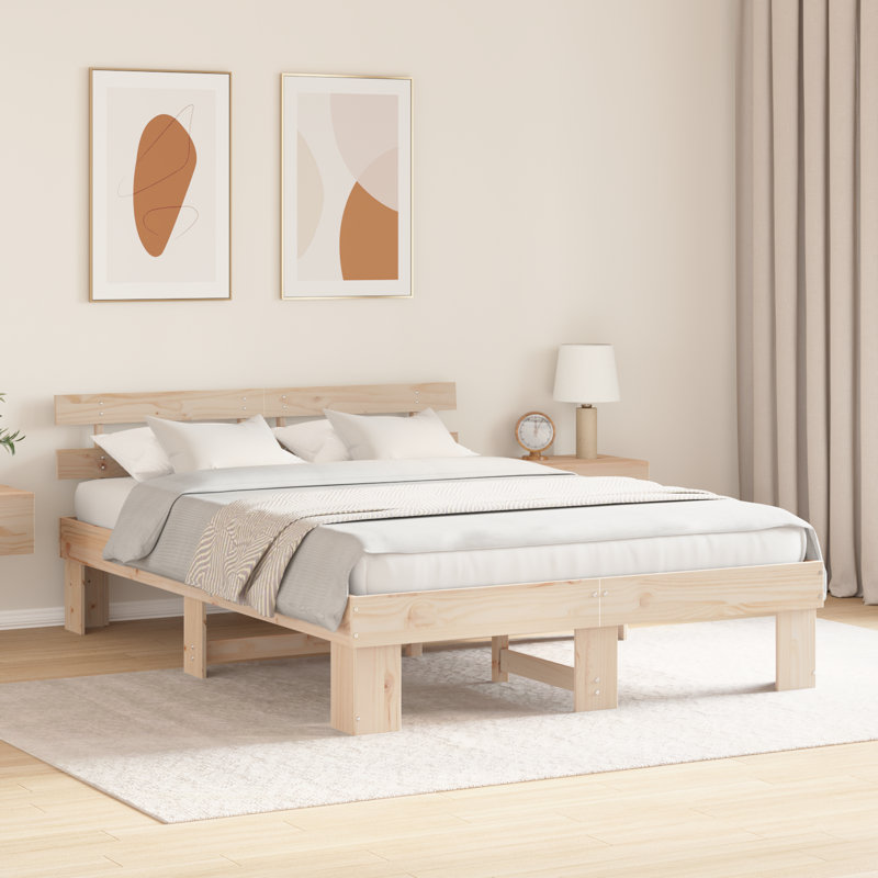 Bed Frame With Headboard Solid Wood Pine, Beige, Kingsize (5')