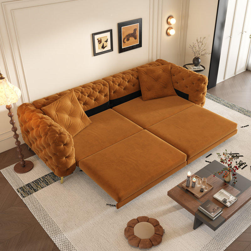 97.7" Velvet Upholstered Sleeper Sofa, King-Size Pull-Out Sofa Bed, 4-Seater Chesterfield Sofa with 2 Pillows, Orange, Orange