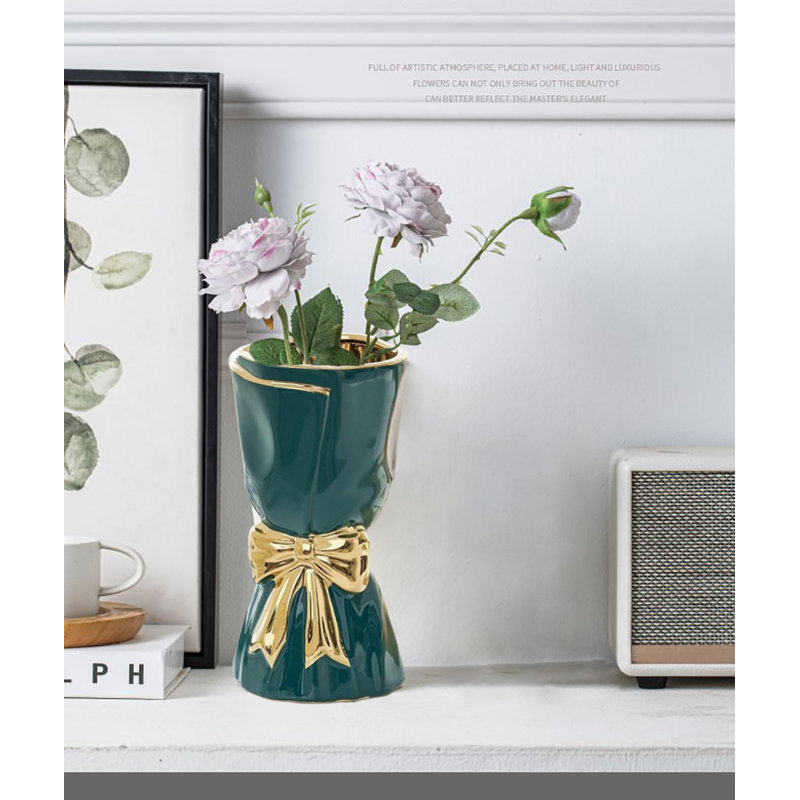 Bow Vase, Flower Vases For Table Decor, Teal;Gold, 9.65"