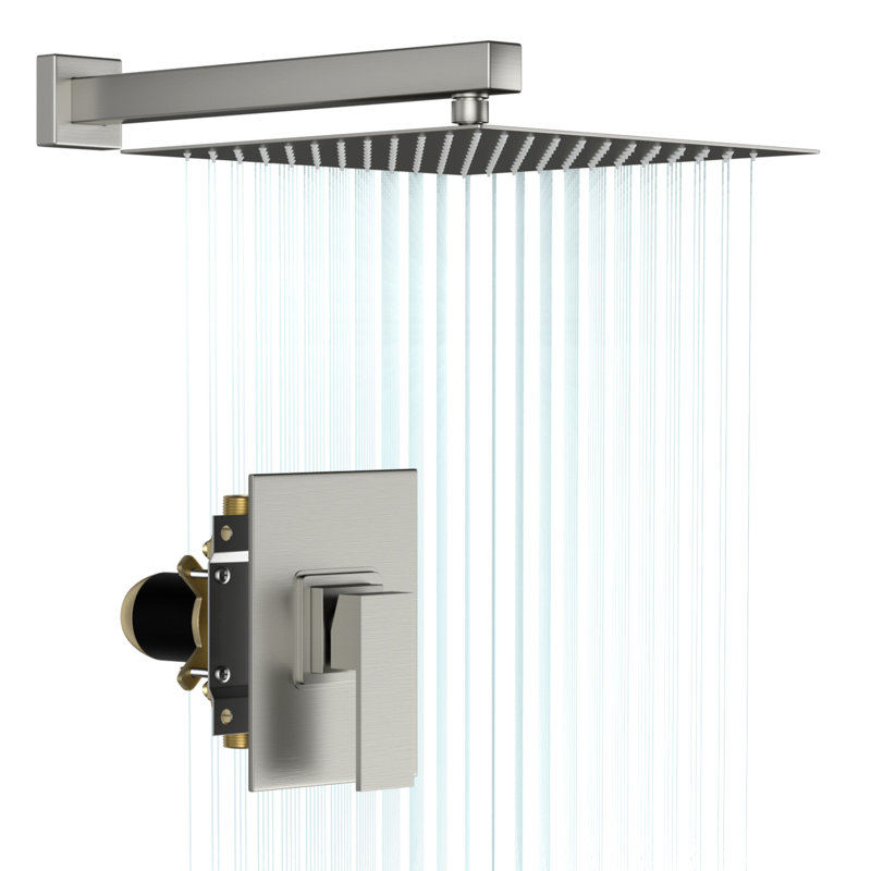 Pomme de douche à pluie à haut débit en acier inoxydable 10 pouces avec valve, Nickel brossé