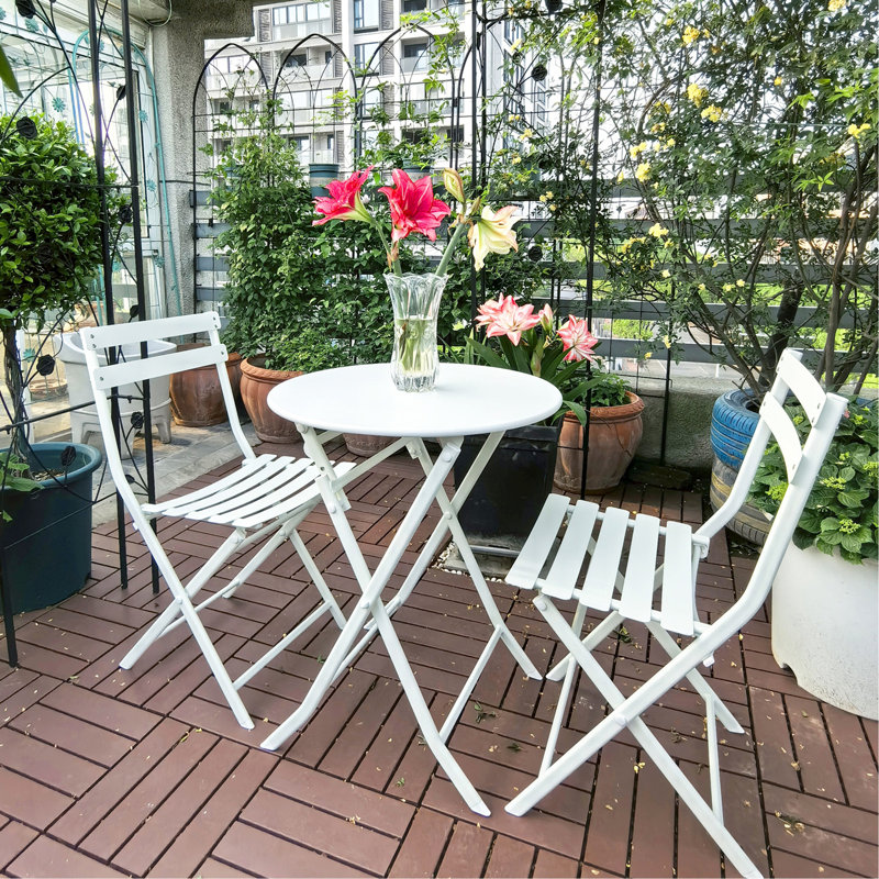 3 Piece Patio Bistro Set Of Foldable Round Table And Chairs, White