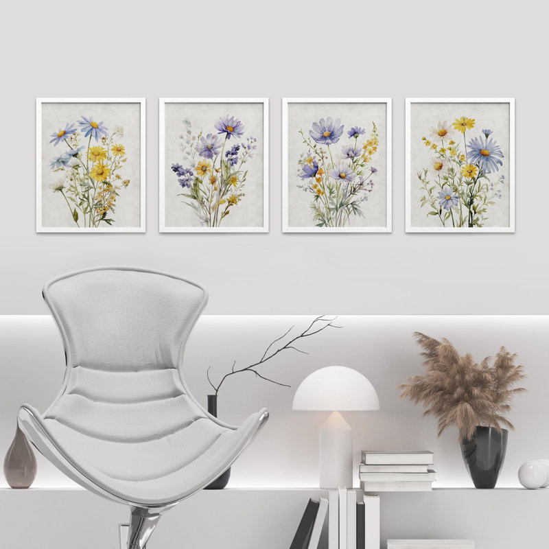 Fleurs mauves et jaunes - ensemble de 4 reproductions de cadres photo simples, Blanc, H 14 po x l 11 po