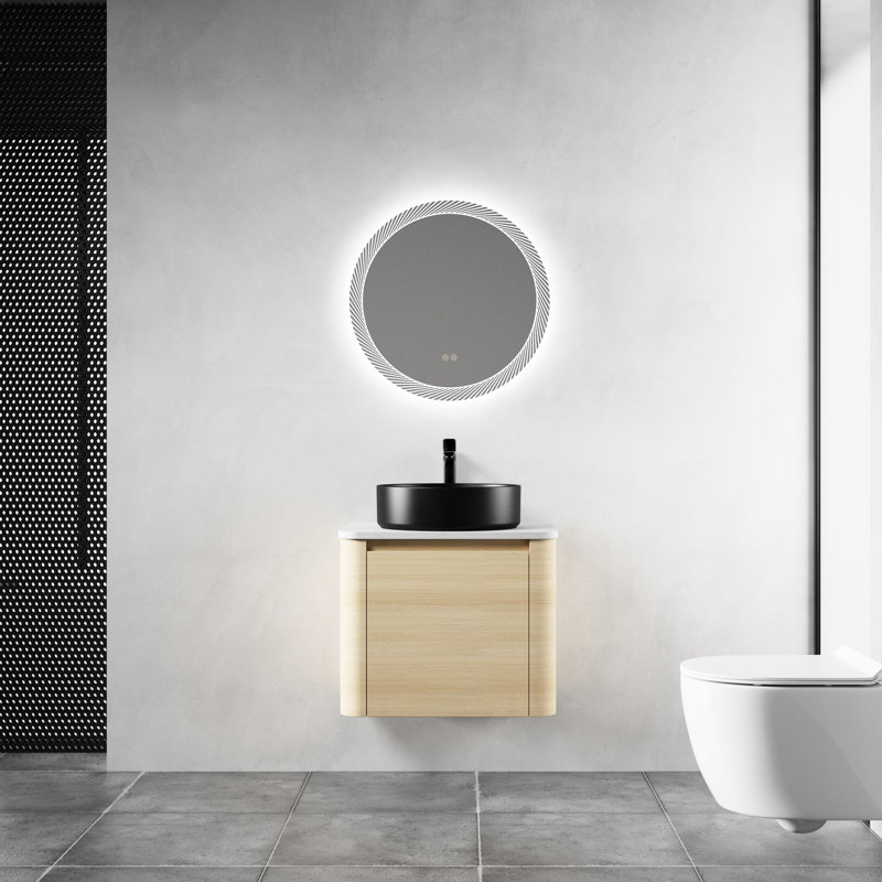 Meuble-lavabo de 24 po avec lavabo d'art en céramique, 45 poignées dissimulées, charnières faciles à ouvrir, poignées de style moderne, base en contreplaqué