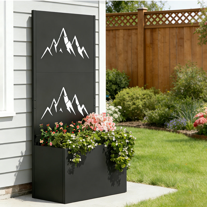 Yazmin 35.4''W Mordern Shades Single Panel With Flower Box,Outdoor Patio Metal Privacy Frence Freestanding With Stakes