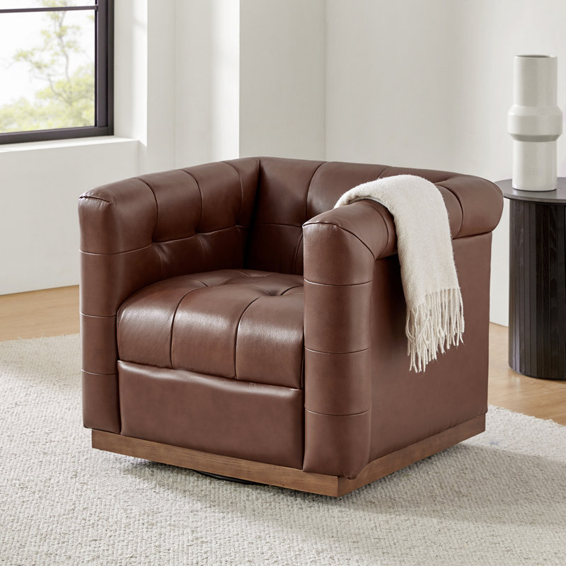 Fauteuil club pivotant carré en cuir véritable Sonika avec cadre en bois massif, Brun