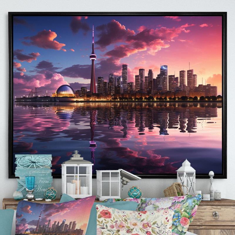 Mauve Toronto par nuit - imprimé, H 12 po x l 20 po x P 1 po, Cadre flottant noir