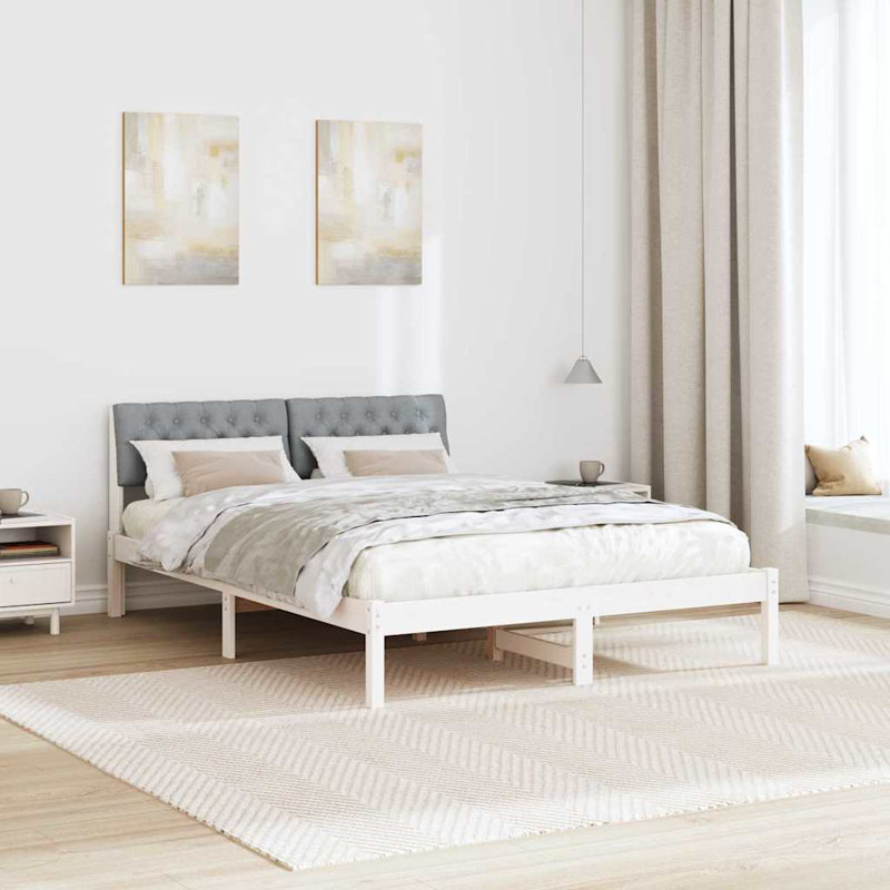 Solid Wood Bed Frame, White/Light Grey
