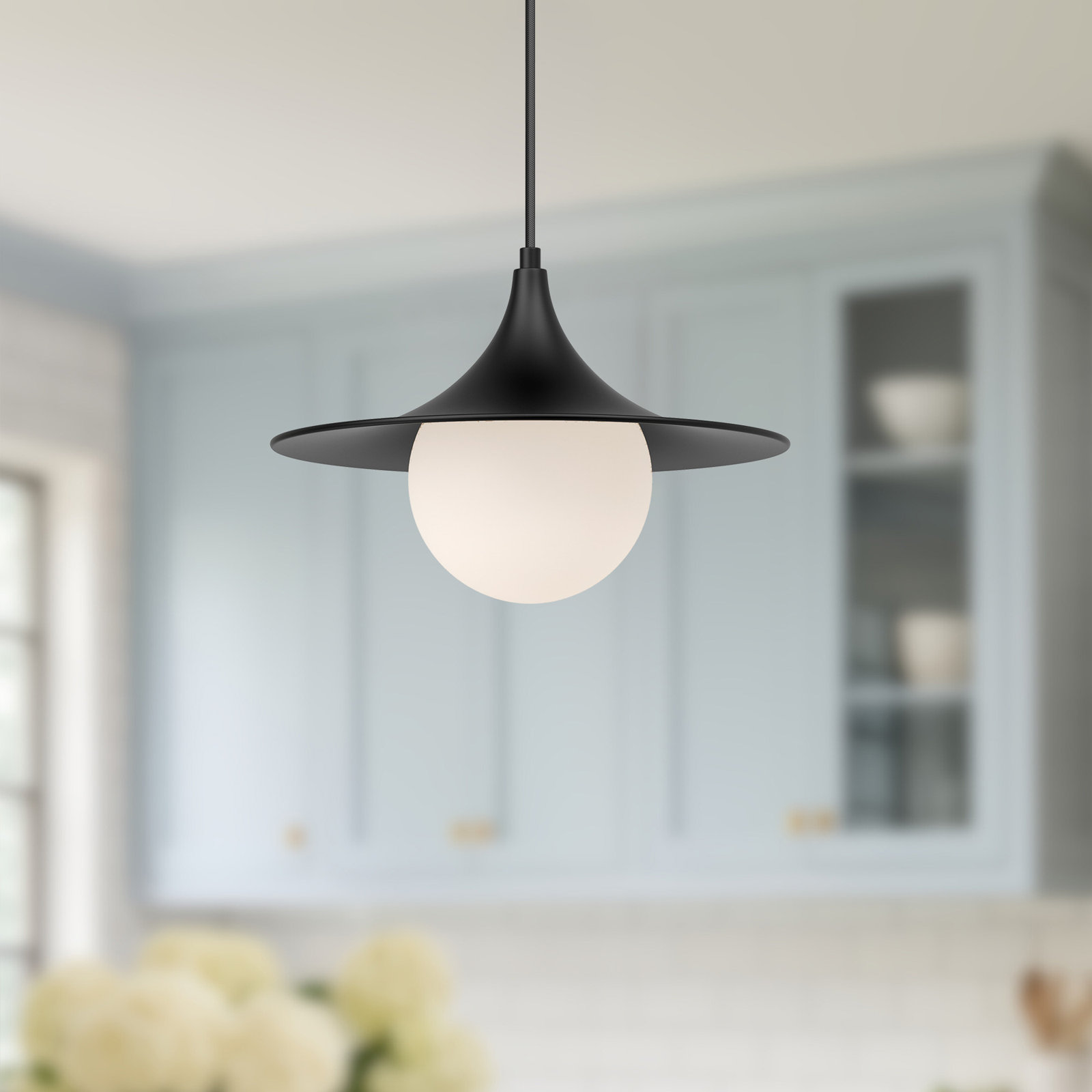 Hermit Single Light Glass Pendant, Matte Black/Opal Matte Glass, 83.75" H x 12.5" W x 12.5" D