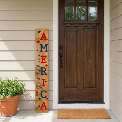 Pancarte de 47 po en bois massif naturel rouge et bleu God Bless America