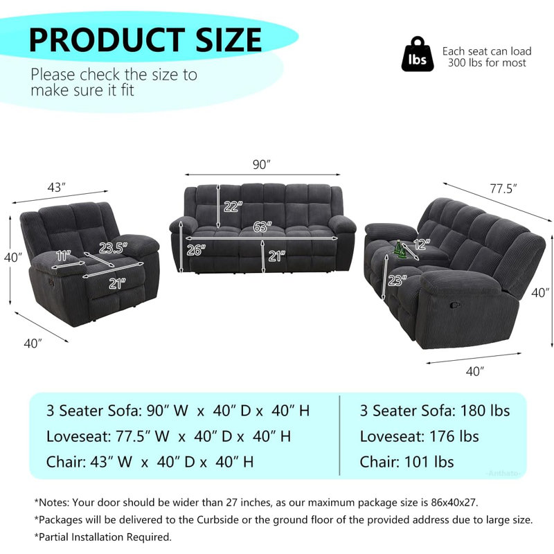 2-Piece Premium Corduroy Manual Recliner Sofa Set With Drop-Down Coffee Table,And Cup Holders, Gray
