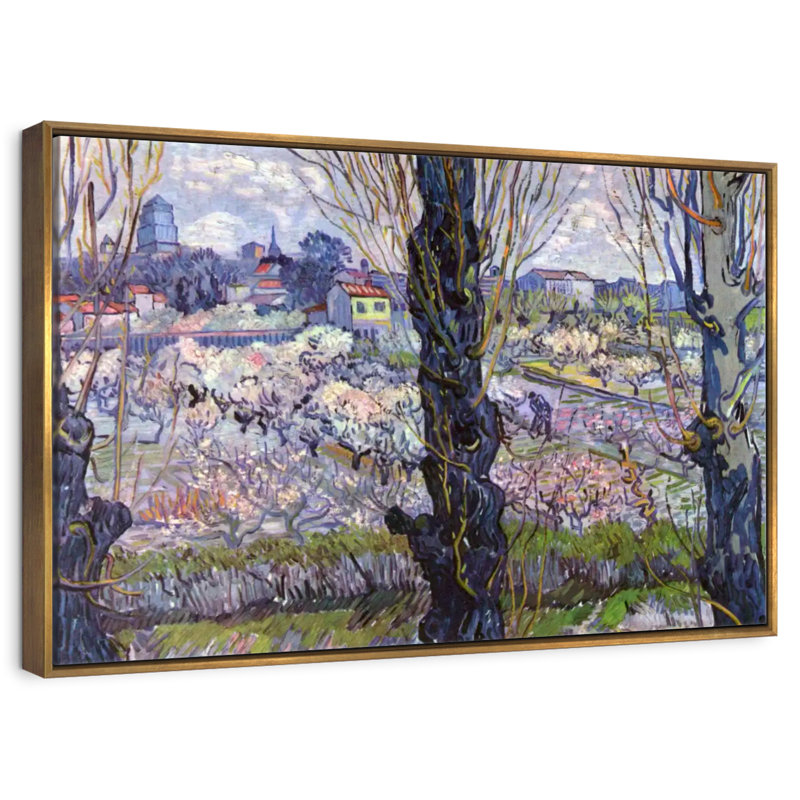 Vue des vergers en fleurs d'Arles, Cadre flottant doré, 40 po x 27 po