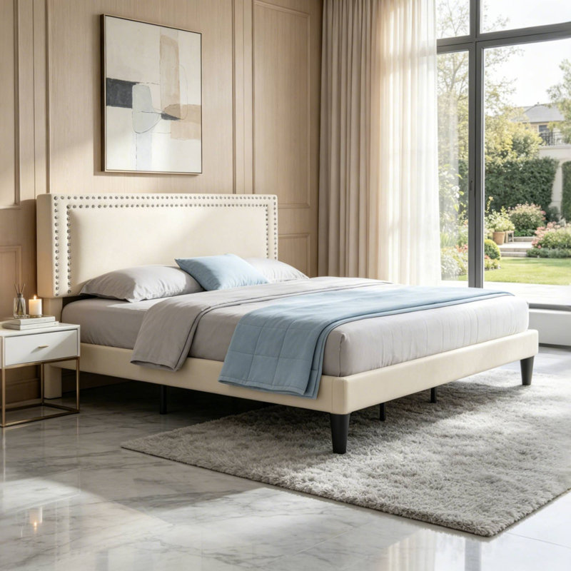 Structure de lit très grand Auxter, lit plateforme en velours avec tête de lit réglable et support à lattes en bois, Beige