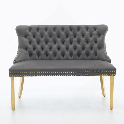 Velvet Double Dining Loveseat Bench, Kitchen & Dining Seating, 2-Seat Tufted Bench W/Handmade Buttons, Wing Back, Gold-Plated Steel Legs, Mid Century Modern,Single Pack,Gray