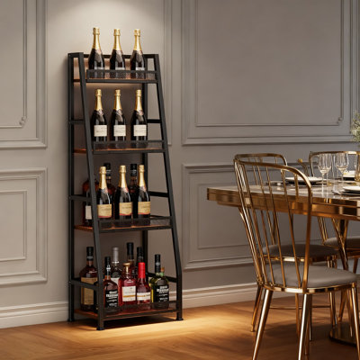 4-Tier Corner Liquor Stand With Fences, Stepped Freestanding Wine Rack For Whiskey And Wine Bottles, Vintage Brown Floor Display Cabinet For Home Bar