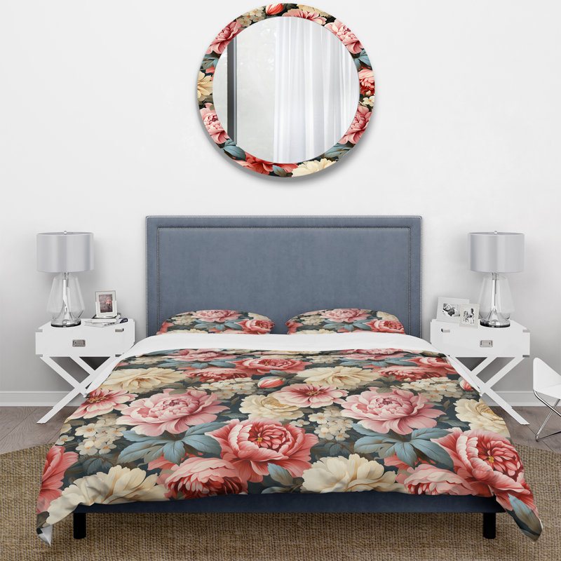 Ensemble de housse de couette à motif floral pastel rose et beige, Housse de couette pour très grand lit et 2 très