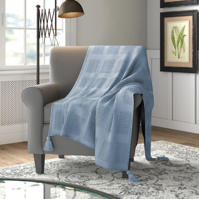  Jeté en coton Waffle Weave, Bleu