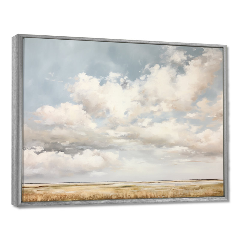 Nuage blanc paysage minimaliste - décoration murale nuages, H 24 po x l 32 po x P 1 po, Encadrement argenté