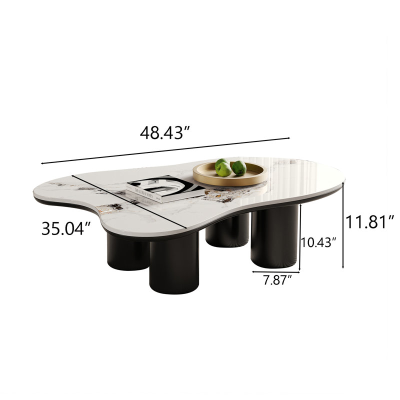 Table à café 48 po moderne noir nuage, plateau en pierre frittée blanc brillant, 4 pieds ronds