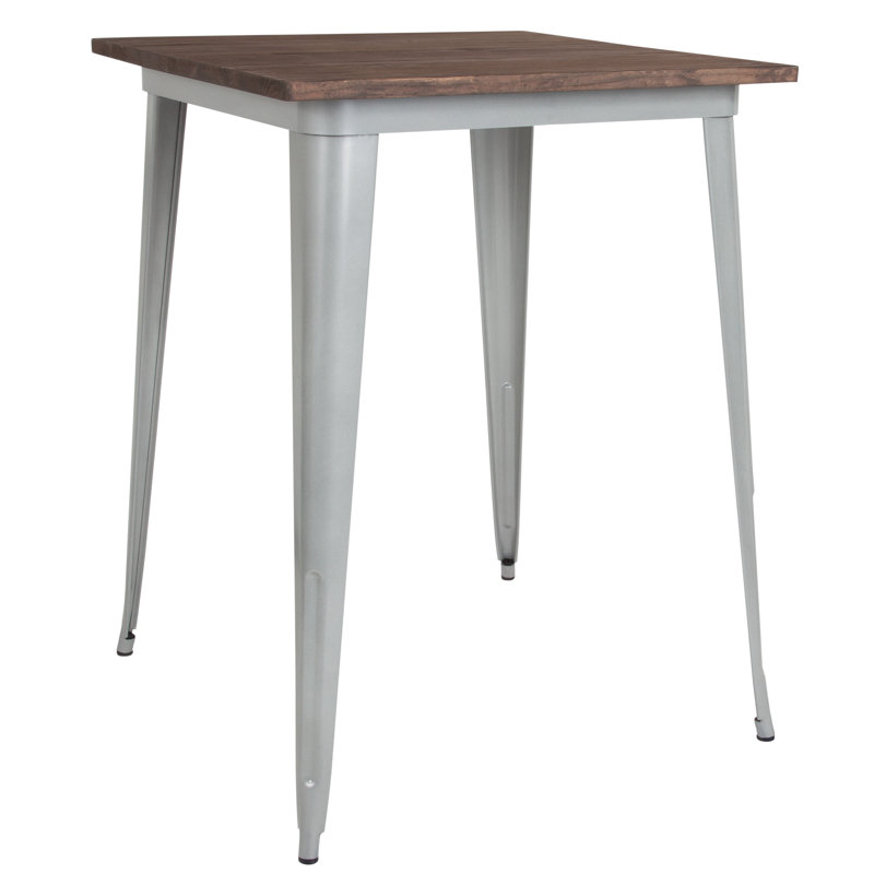 Table carrée en métal 31,5 po à hauteur de bar avec plateau rustique, argent