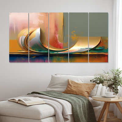 «Landscape Of Happiness In Retro Pink Pastel», reproduction sur toile abstraite - 5 panneaux égaux