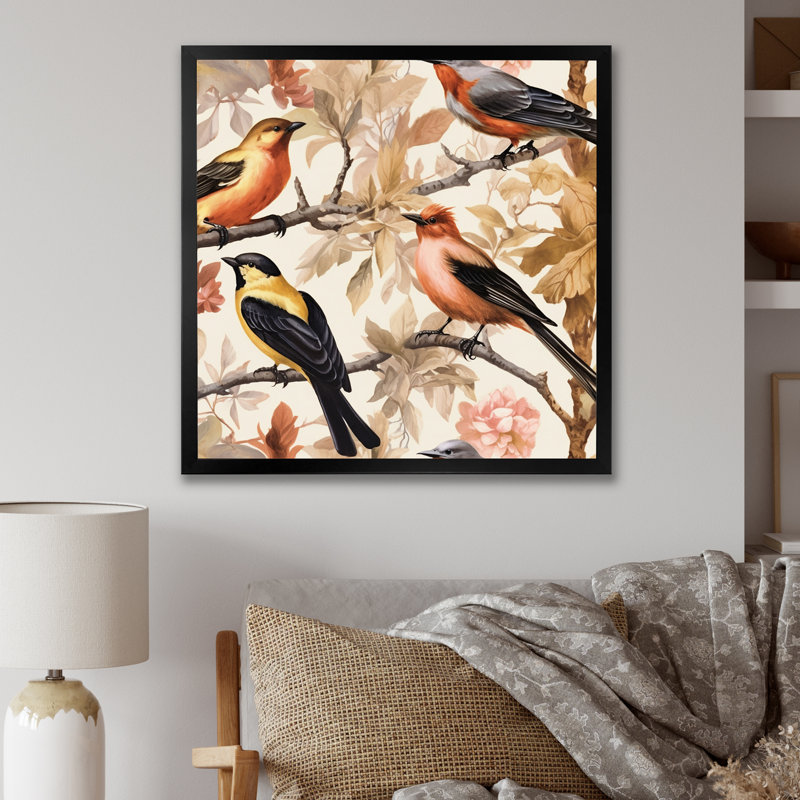 " Yellow Black Birds On Trees ", 16" H x 16" W x 1" D, Black Single Picture Framed