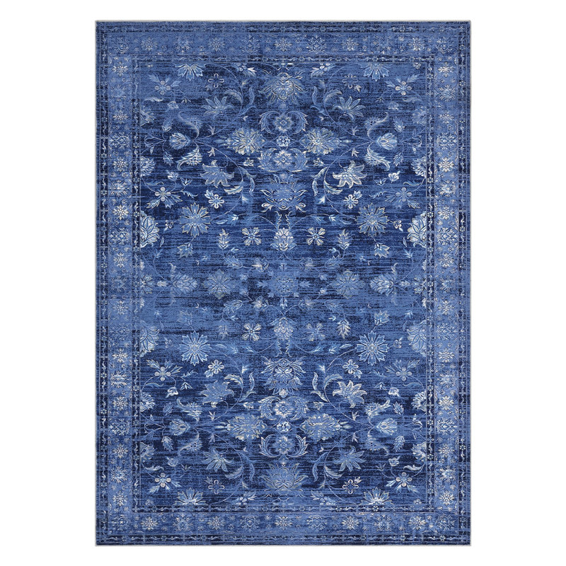 10x13 Large Washable Area Rug Soft Thin Foldable Floor Carpet Non Slip Non Shedding Low Pile Rug, Vintage Distressed Floral Oriental Rug, Traditional Printed Rug for Living Room, Blue