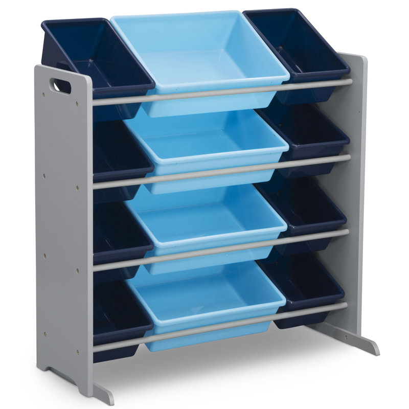 Gray and Blue Wooden Kids Toy Storage Organizer with 12 Plastic Bins