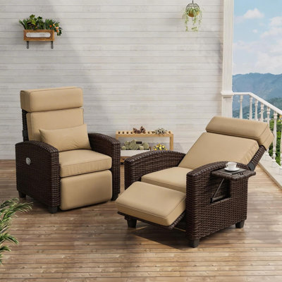 2pcs Patio Reclining Chairs with Adjustable Backrest and Footrest,150° Lay Flat Rattan Reclining Chairs, Flip-Up Table, Removable Cushion,Brown/Khaki